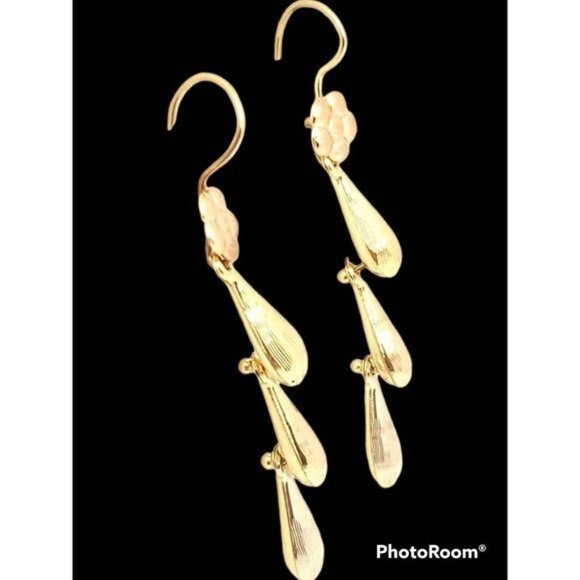 Real 14K Yellow, Rose & White Gold Hollow 3 Teardrops Hanging Earring womens